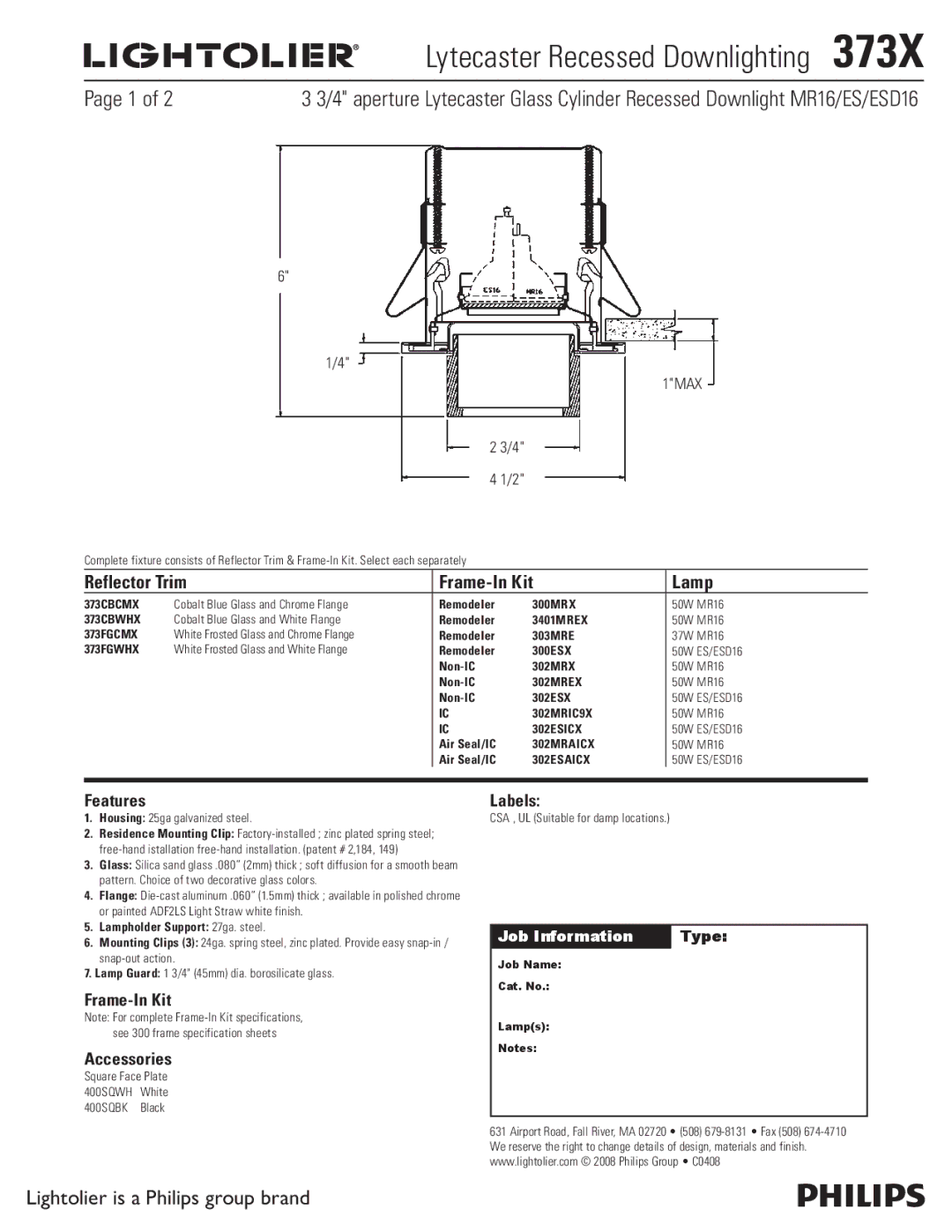 Lightolier 373X specifications Lytecaster Recessed Downlighting , Reflector Trim Frame-In Kit Lamp, Features, Labels 